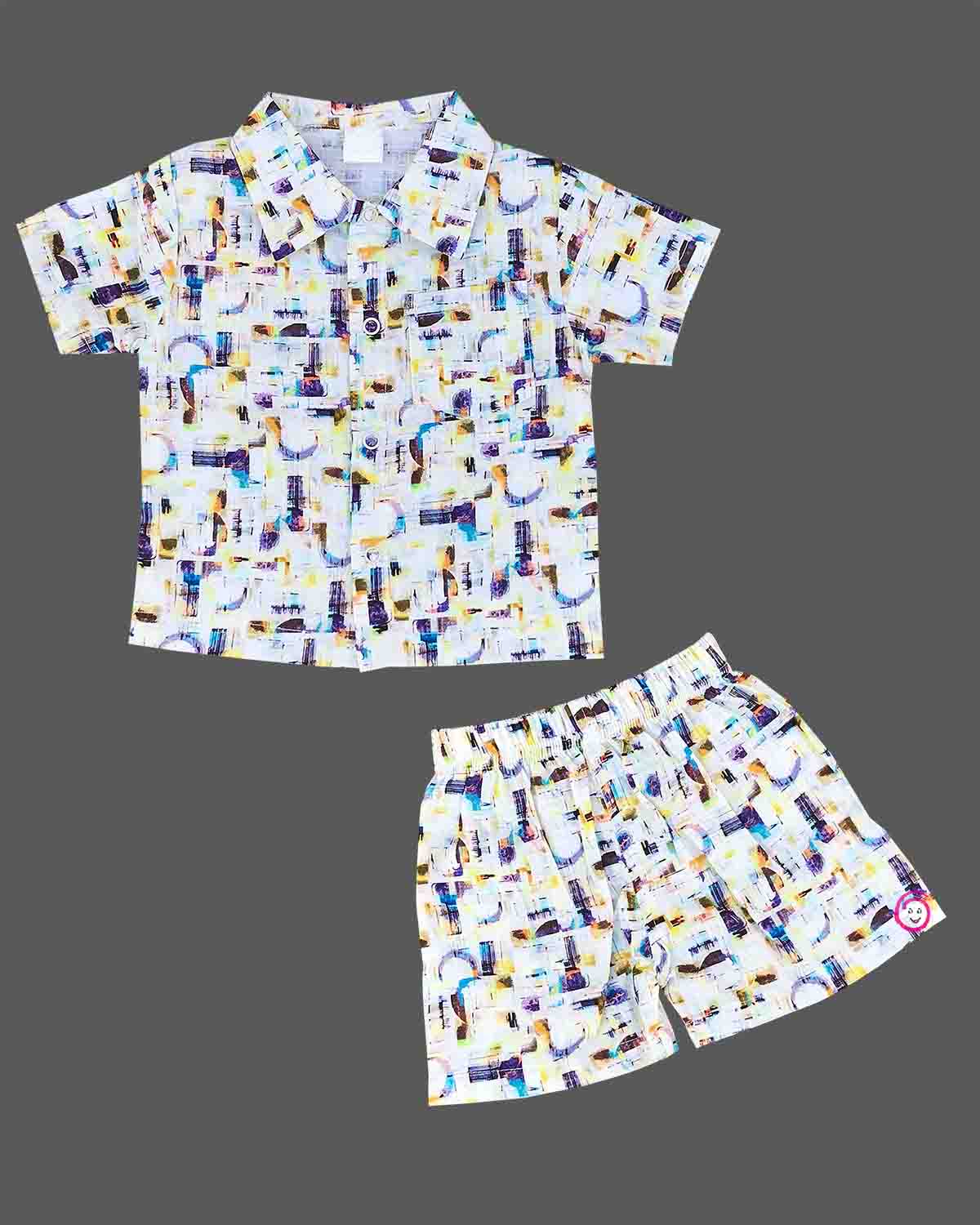 Modern multi-color abstract graphic art print muslin button-down shirt and matching shorts set for baby boys and toddler casual outdoor wear