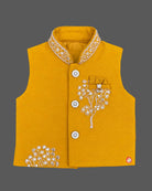 indo western dress for boys featuring embroidered mandarin collar and floral motifs for festive wear