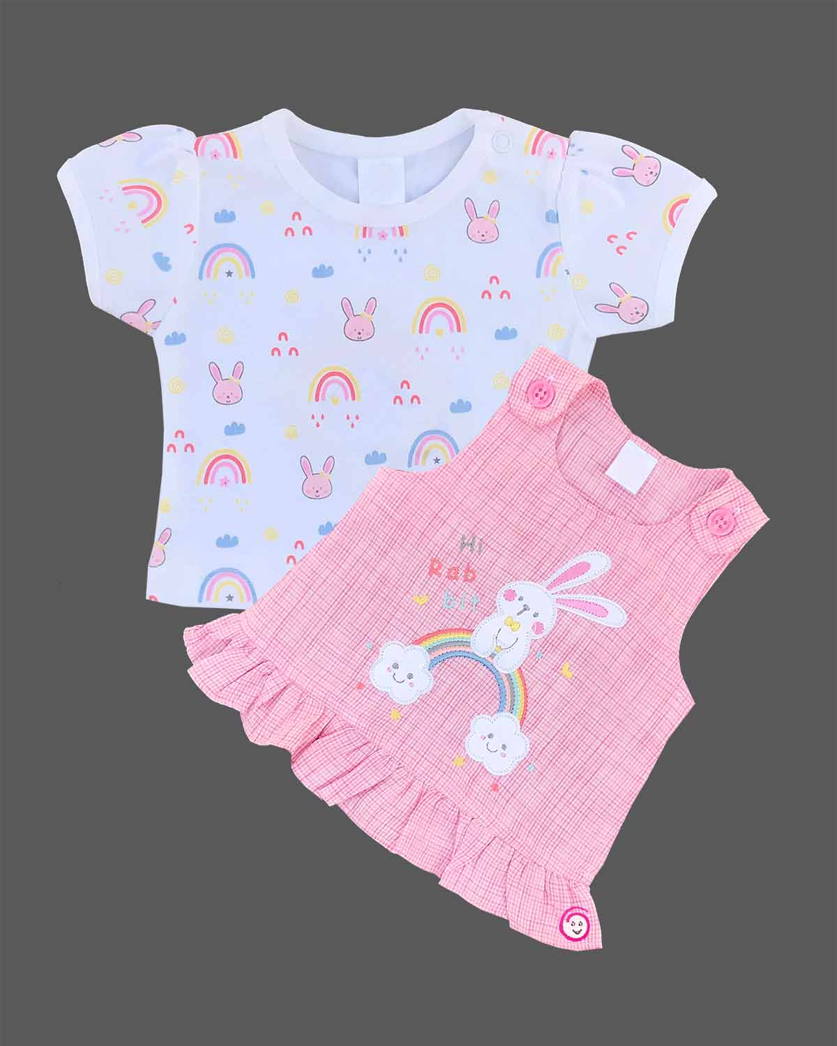 Pink checkered rabbit rainbow Candy House baby girl cotton knit dress for birthdays, playdates, and everyday casual wear