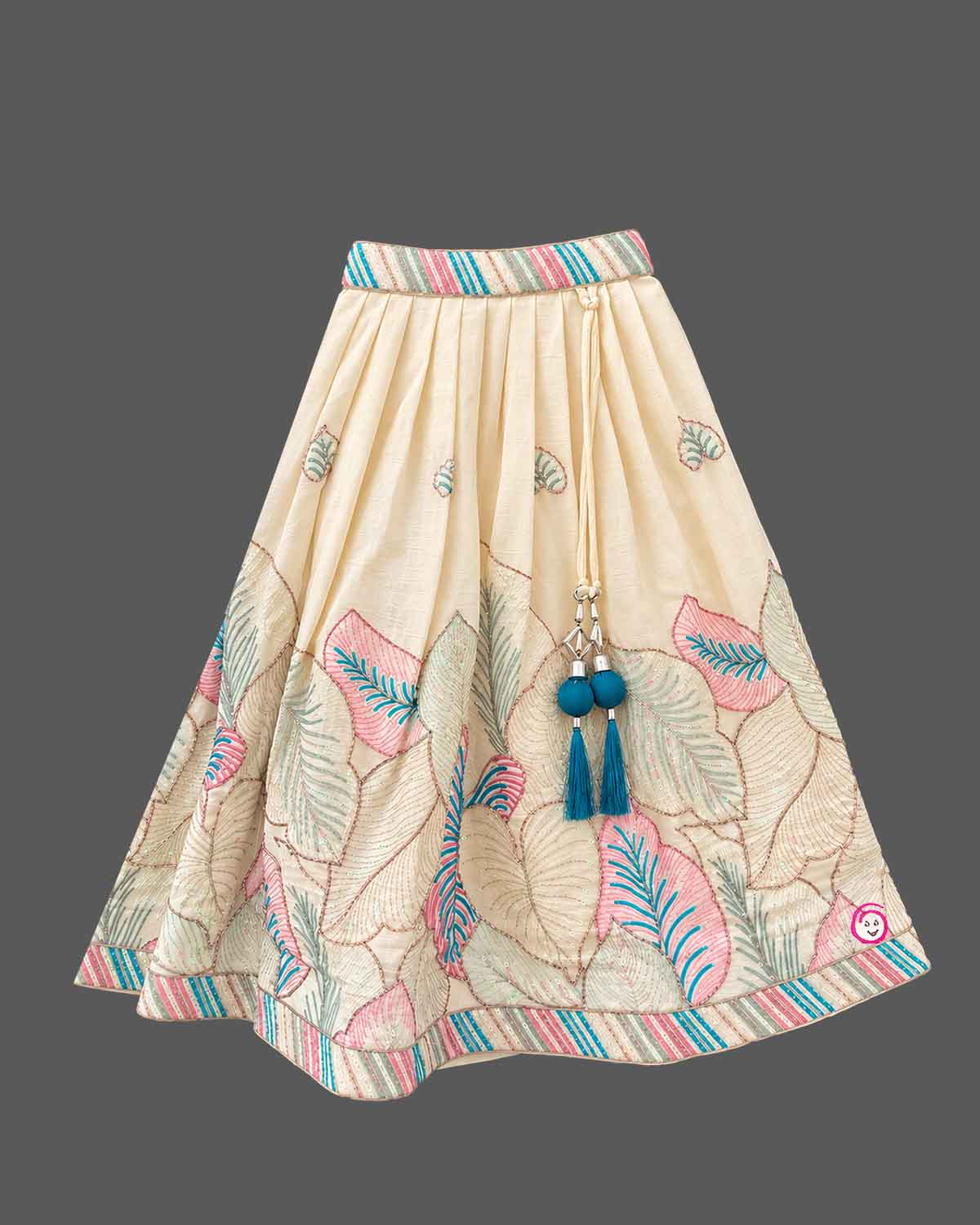 Girls sleeveless botanical embroidered lehenga choli for kids with pleated skirt and net dupatta