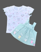 White animal print t-shirt and mint green bunny embroidered Candy House girls knitted cotton pinafore frock for birthday parties, casual outings, and summer playdates