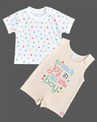 Baby clothes set featuring a white star print t-shirt and beige printed romper