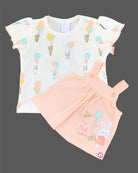 Peach baby girl cotton knit pinafore dress with bunny embroidery and white frill sleeve floating bear balloon print top