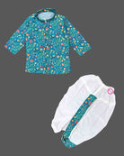 Full-length sleeve botanical printed kids dhoti kurta with mandarin collar and matching pleated dhoti pants