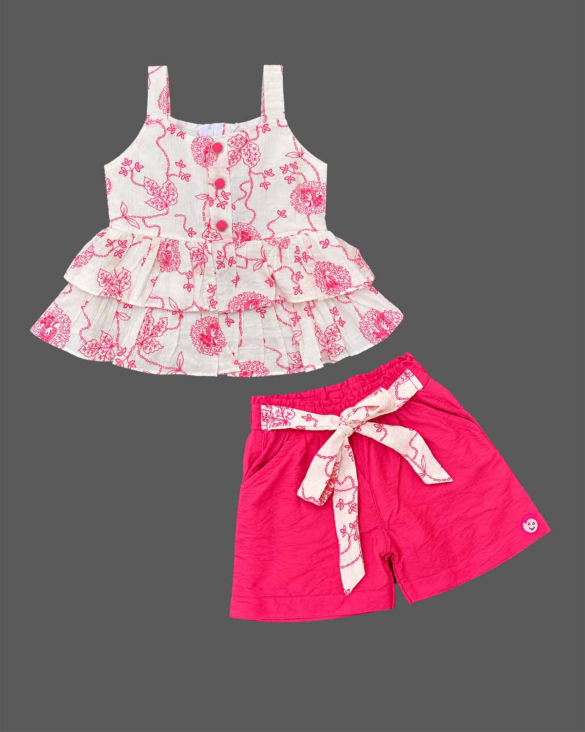 Tiered ruffle peplum top with matching belted shorts for baby party wear dress style