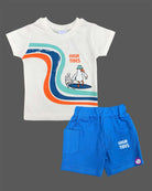 White graphic t-shirt with High Tides surfing seagull print and royal blue elasticated shorts baby boy top and shorts set for summer vacations, playdates, and park outings