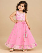 Toddler girls embroidered choli lehenga set with tassel drawstring and flared hem border.
