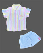 Boys 2-piece cotton casual set featuring a short-sleeve pastel pink, yellow, and blue striped shirt with matching solid sky blue elastic-waist shorts