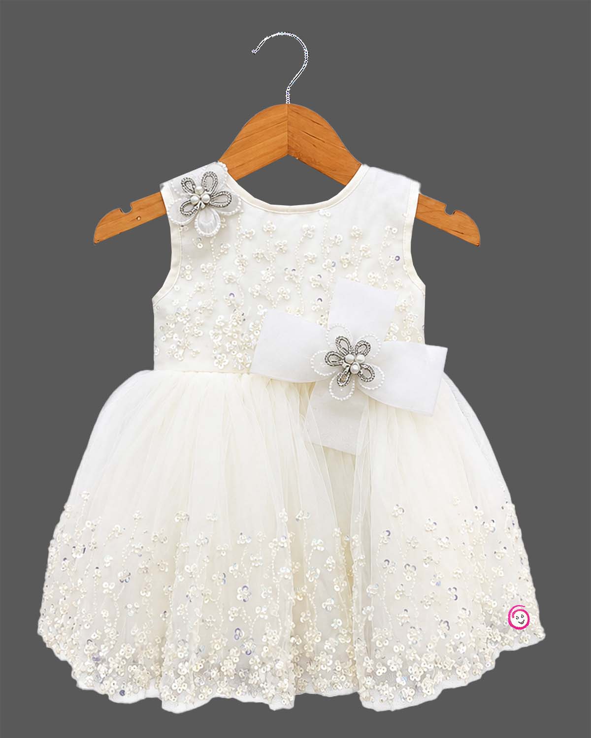 Off-white sequin floral embroidered net party frock with waist bow for baby girls grand celebrations, temple visits, and family festivals