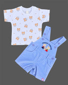 Baby boy printed t-shirt with blue bear embroidery dungaree shorts set