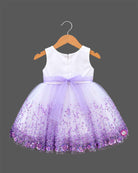 Girls sleeveless sequin embellished tulle flared frock with waist bow appliqué and round neck.