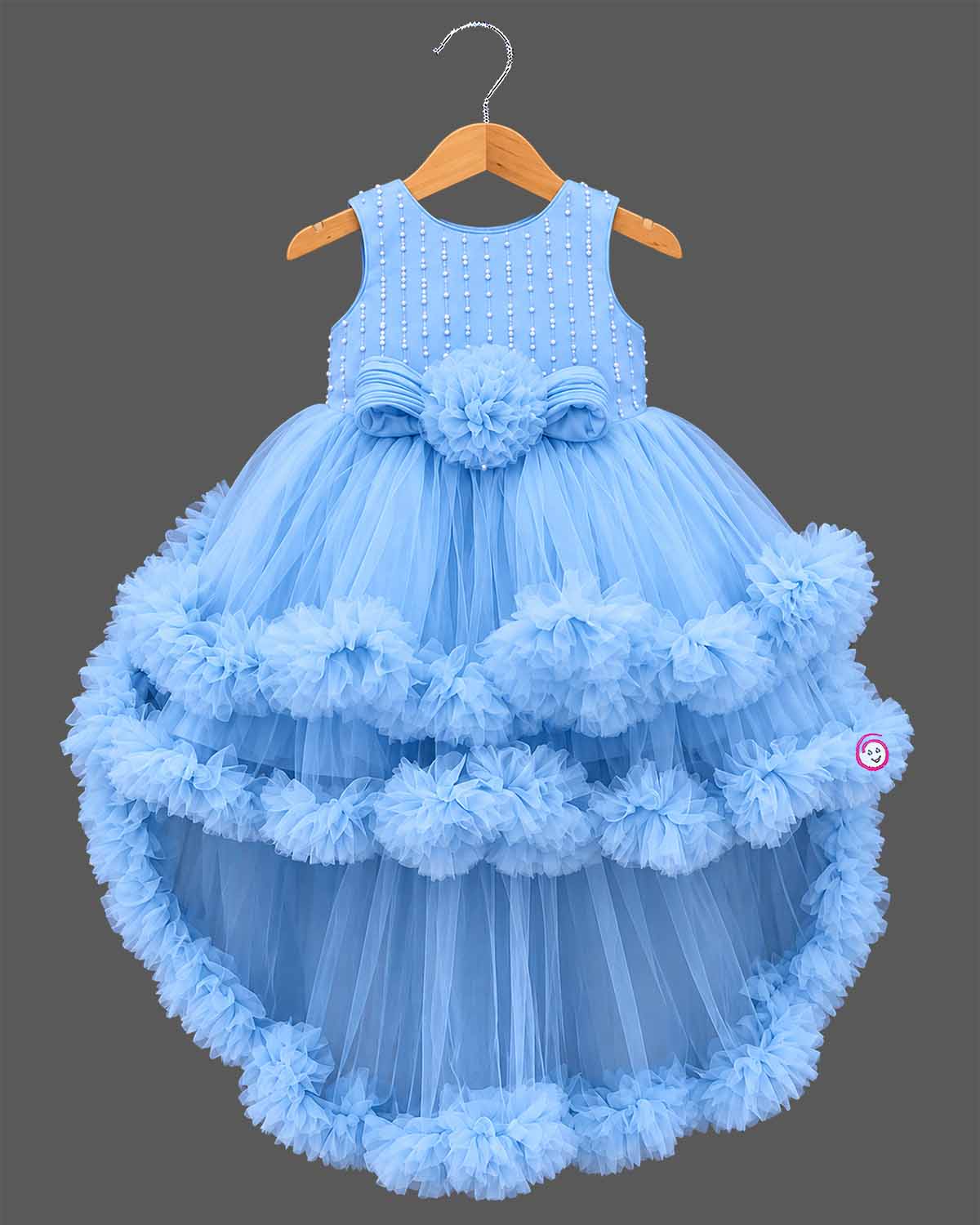 Baby girl net frock with pearl embellishments and ruffled tiered skirt for birthday party