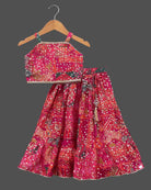 Girls Embroidered Crop Top With Oval Coat And Skirt - Dark Pink