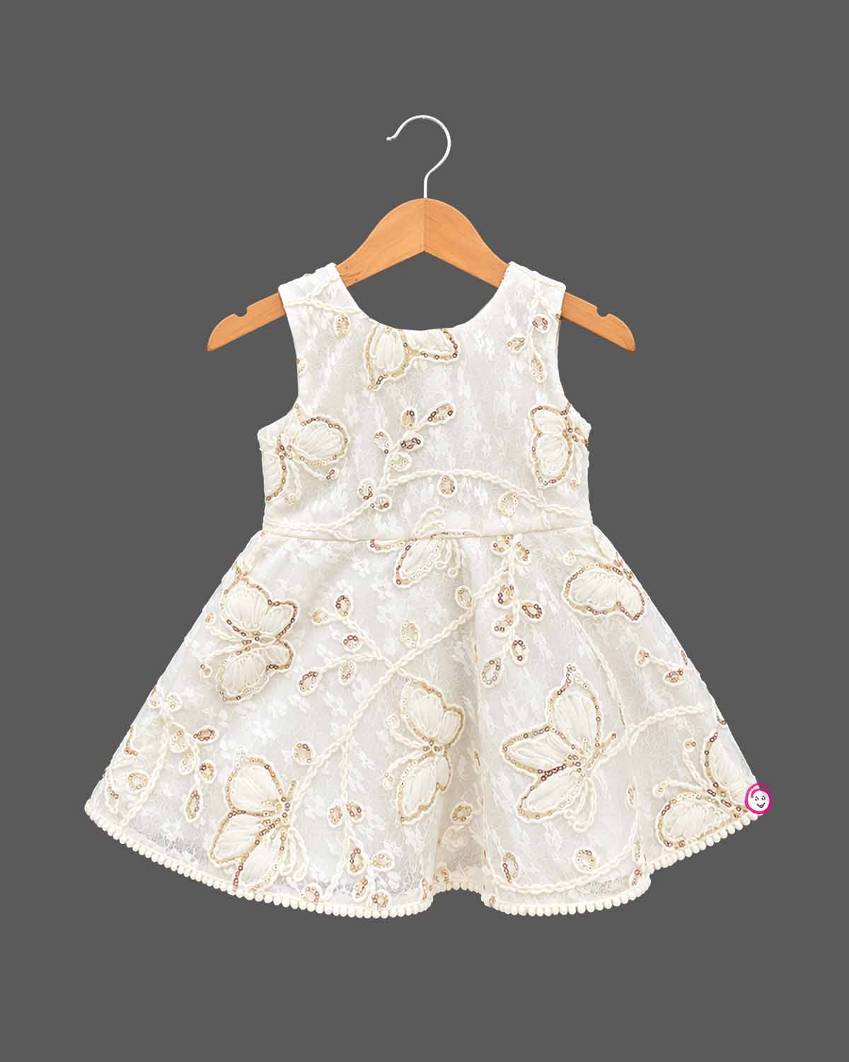 Kids party wear dress featuring sequin butterfly lace frock and matching textured jacket