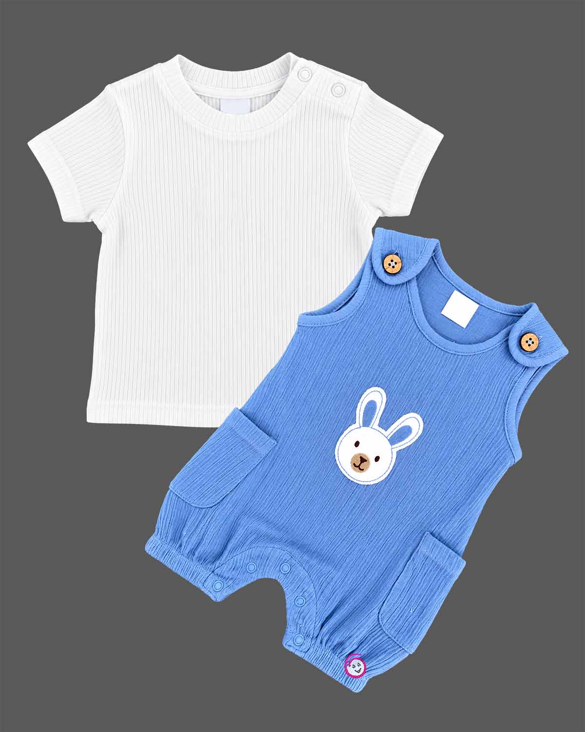 Infant cotton romper set featuring short sleeve t-shirt and cute bunny patch dungaree outfit for baby boys.