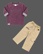 Textured long-sleeve sweatshirt and utility cargo pants set styled as party wear for boys with ribbed trims.
