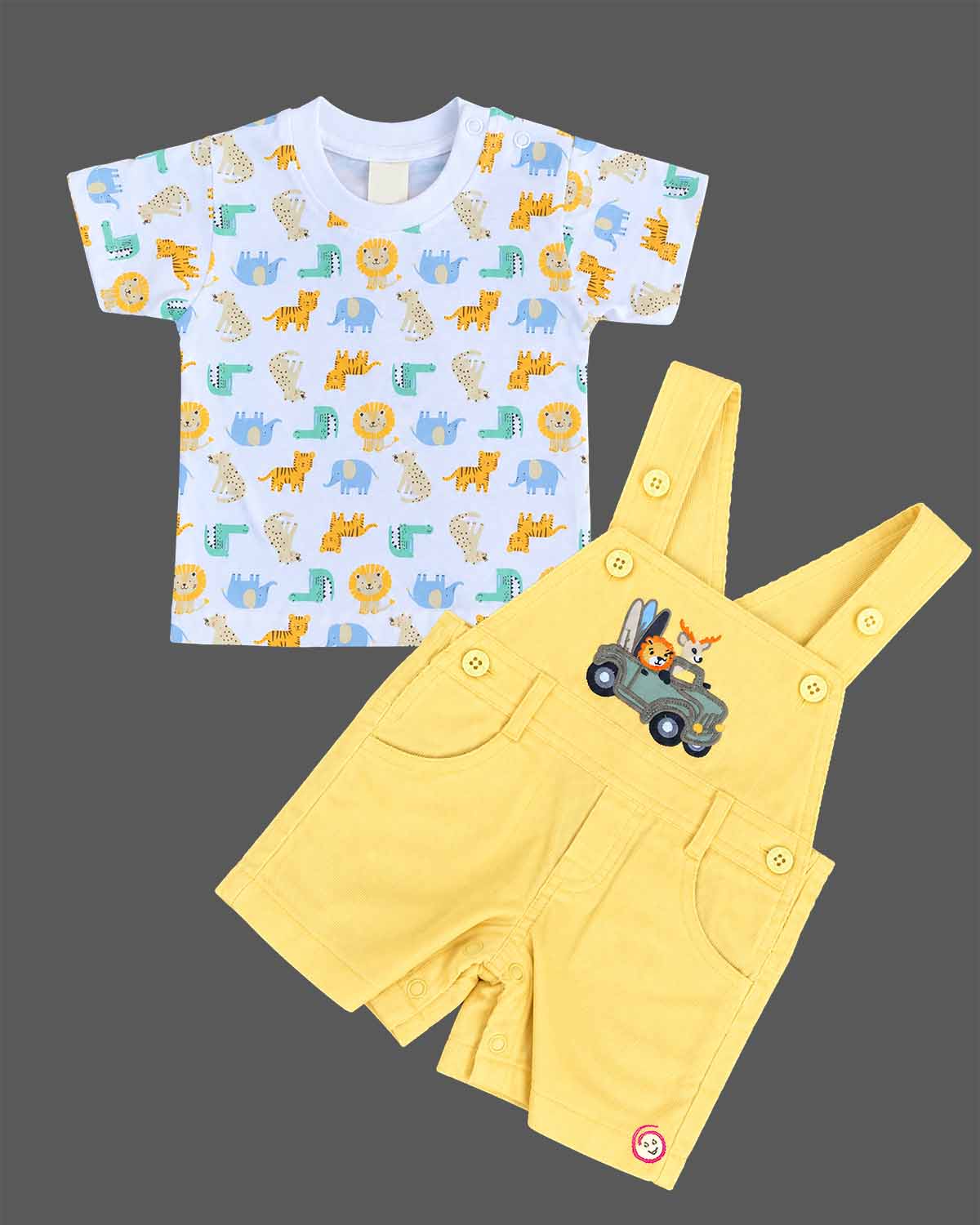 Baby clothes animal print t-shirt and yellow embroidered short dungaree set