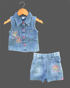 toddler girls sleeveless denim embroidered top with matching denim shorts clothing set