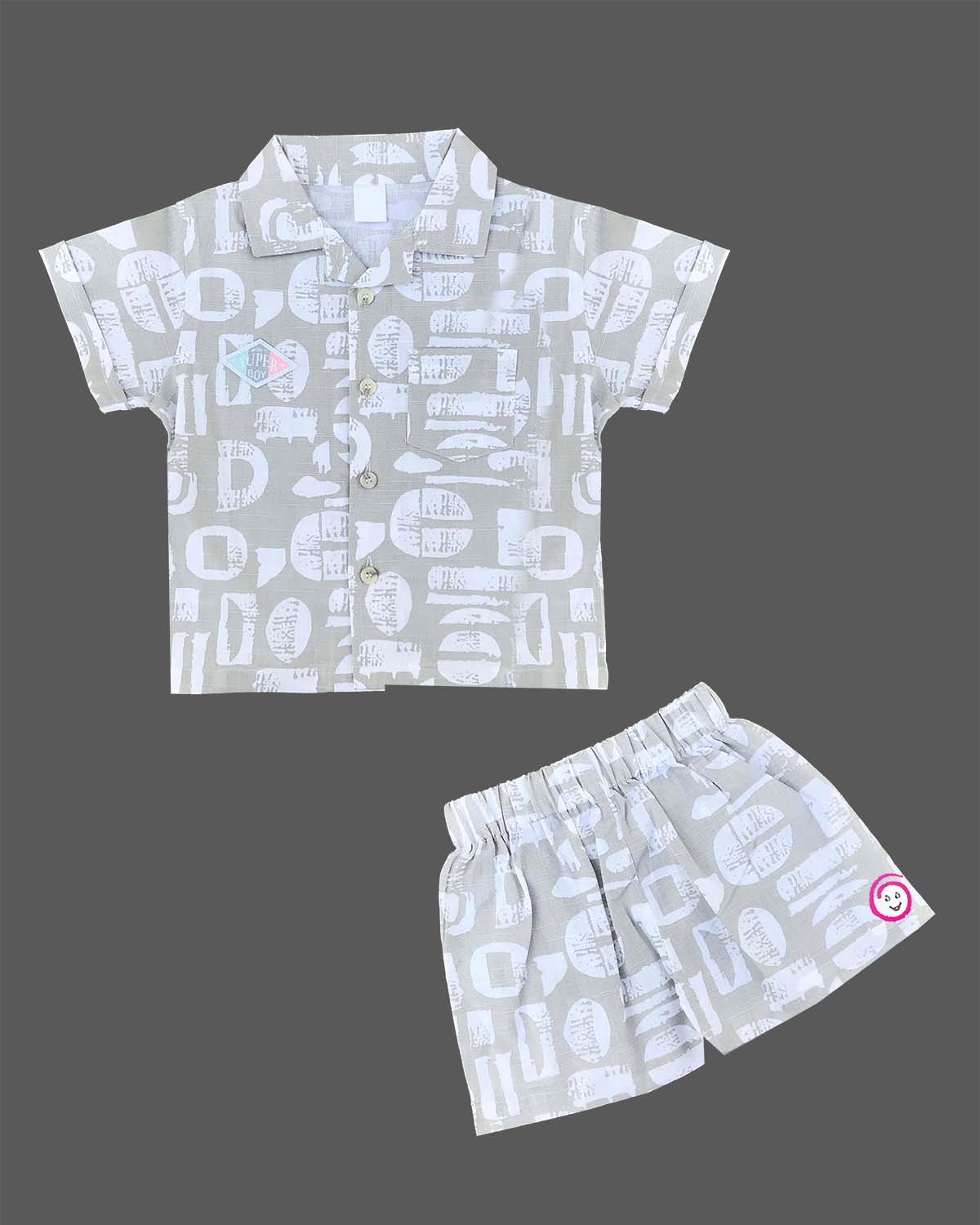 Grey printed button-down shirt with matching elasticated shorts baby boy top and shorts set for summer vacations, playdates, and park outings