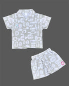 Grey printed button-down shirt with matching elasticated shorts baby boy top and shorts set for summer vacations, playdates, and park outings