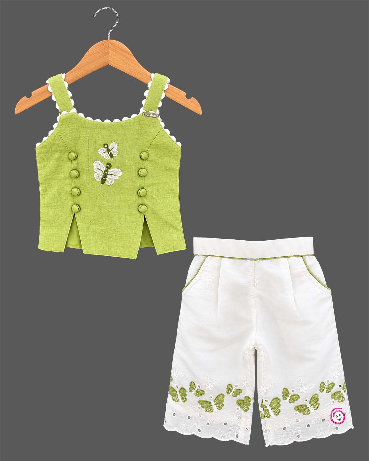 Sleeveless embroidered top with butterfly motifs and matching pleated pants with scalloped hems
