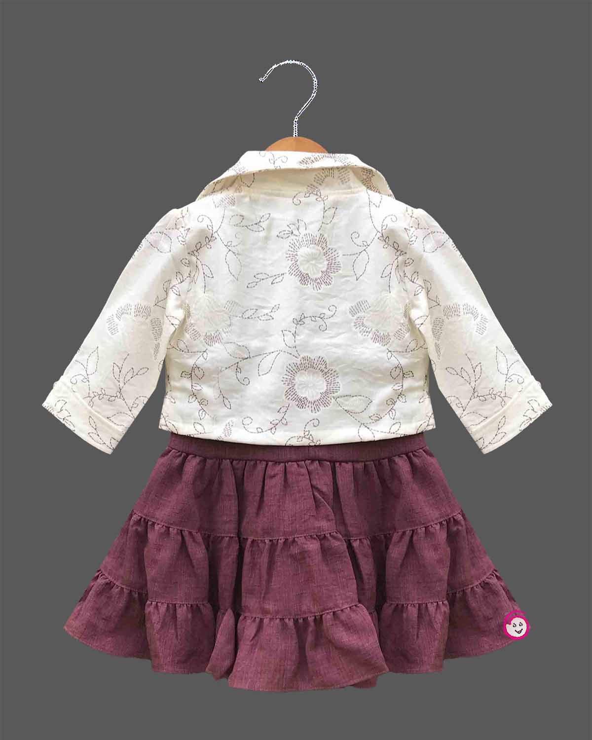 Little princess western layered frock set featuring a tiered dress with an embroidered crop jacket for celebrations.