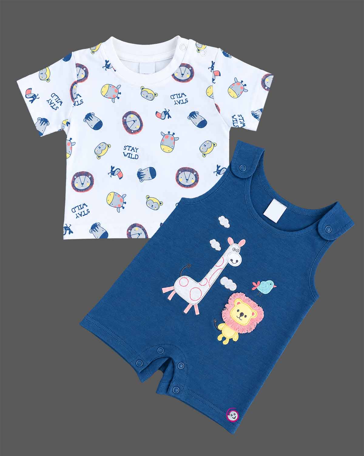 Baby boy printed short sleeve t-shirt and blue animal graphic short romper set
