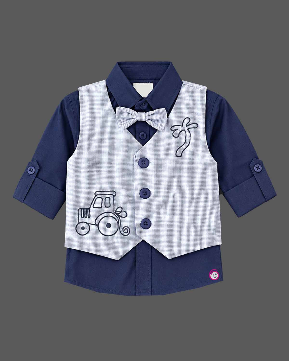 Indo western dress for boys featuring a structured waistcoat, shirt, bow tie, and pant with embroidered accents.