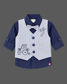 Indo western dress for boys featuring a structured waistcoat, shirt, bow tie, and pant with embroidered accents.