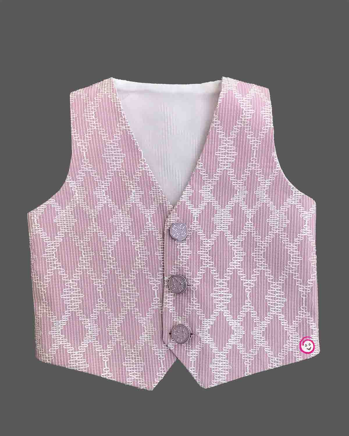 Boys dusty mauve formal suit blazer with shoulder sequin embellishments and tassel fringe, tie, pocket square, paired with elastic waist formal pant