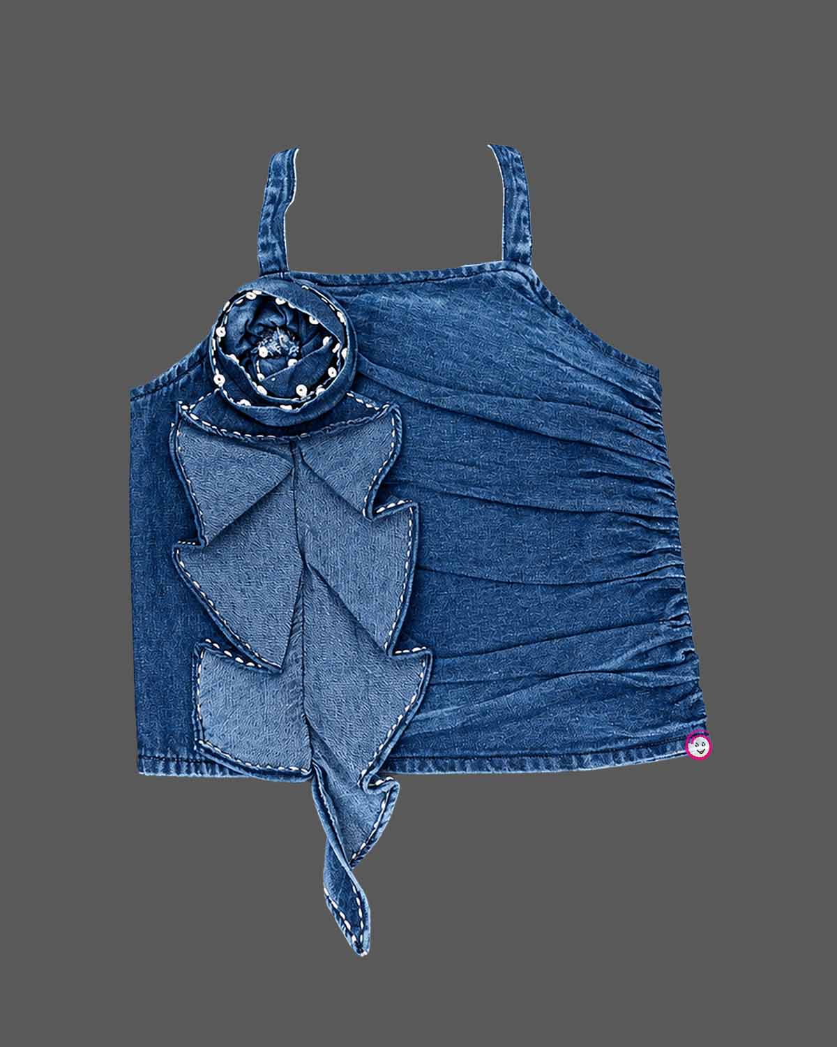 Detailed baby party wear dress featuring strappy denim top with rosette motif and embroidered mesh skirt.