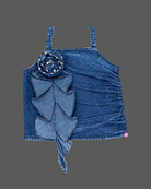 Detailed baby party wear dress featuring strappy denim top with rosette motif and embroidered mesh skirt.