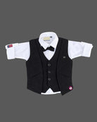 Boys textured layered waistcoat suit set with shirt, bow tie, sleeve roll-up tabs, and pant.