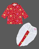 Boys jacquard tunic top and kids dhoti kurta featuring woven floral patterns and structured button front.