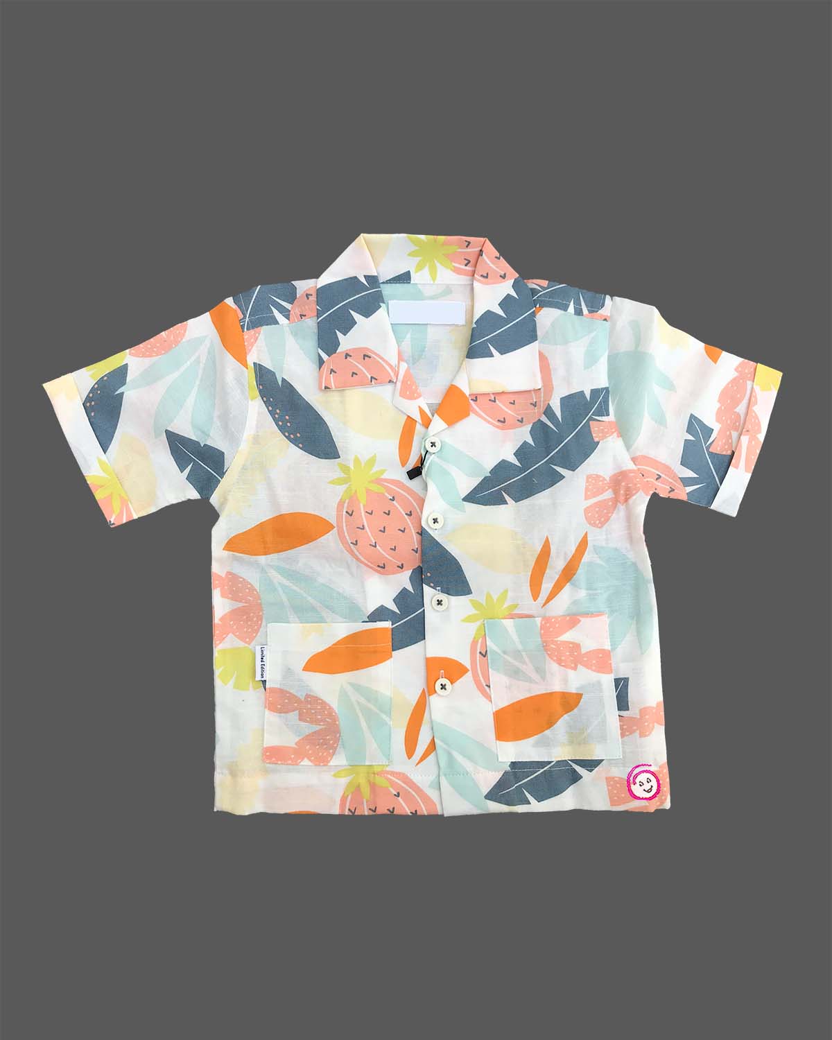 Boys Tropical Printed Pure Cotton Shirt & Shorts Co-ord Set featuring notch collar shirt with pockets and matching drawstring shorts.