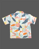 Boys Tropical Printed Pure Cotton Shirt & Shorts Co-ord Set featuring notch collar shirt with pockets and matching drawstring shorts.