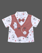 Waistcoat set for boys featuring short sleeves, animal print, and a bow tie