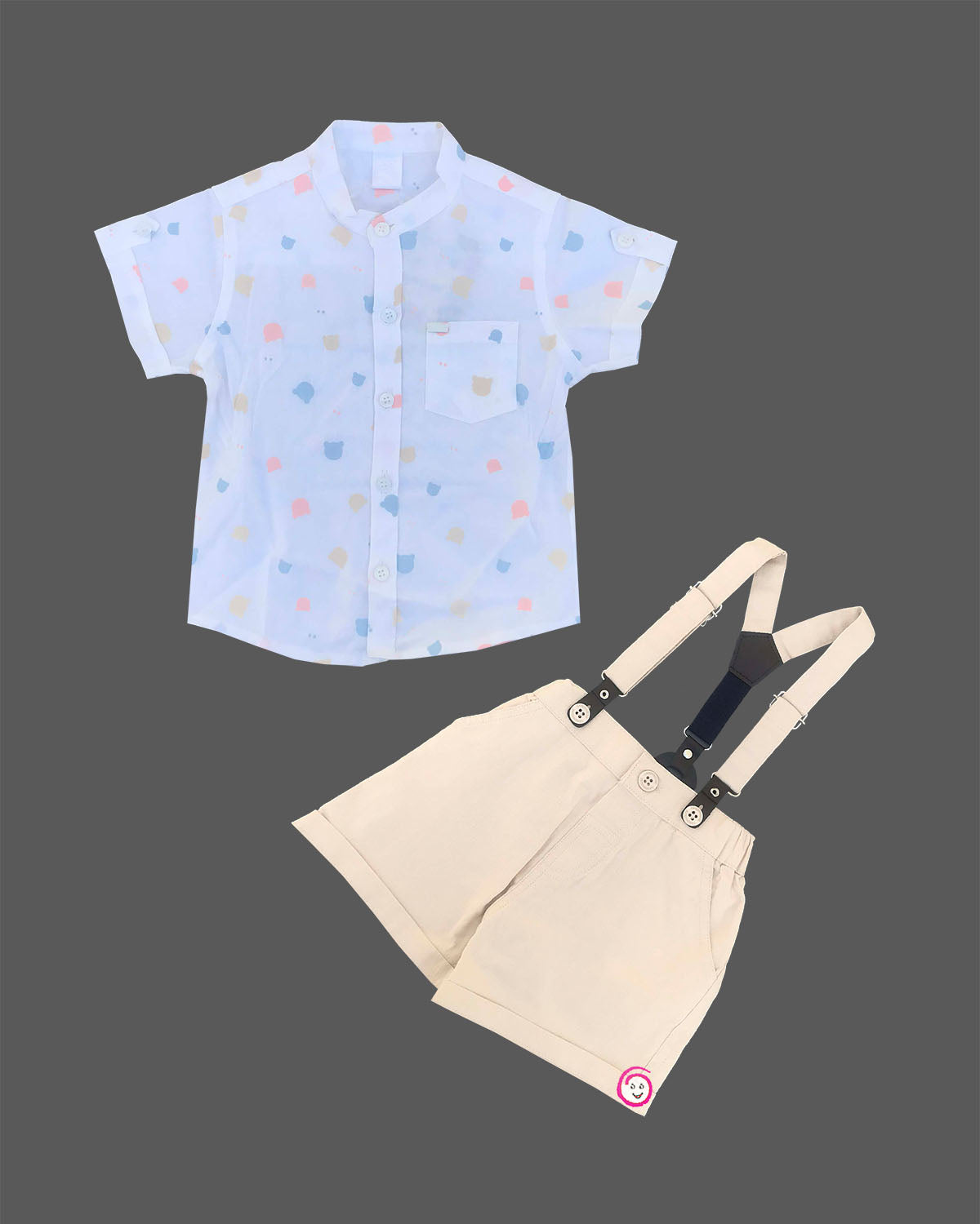Trending baby boy mandarin collar top with all over teddy print paired with smart casual adjustable suspender shorts set for toddler birthday clothing