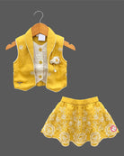 Baby girl in a stylish sleeveless western top and matching embroidered skirt set
