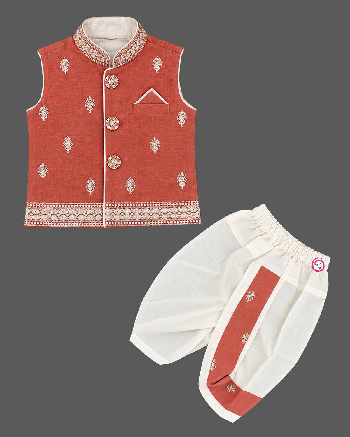 Dhoti Set For Boys with floral embroidery, collar, pocket square and pre-stitched dhoti