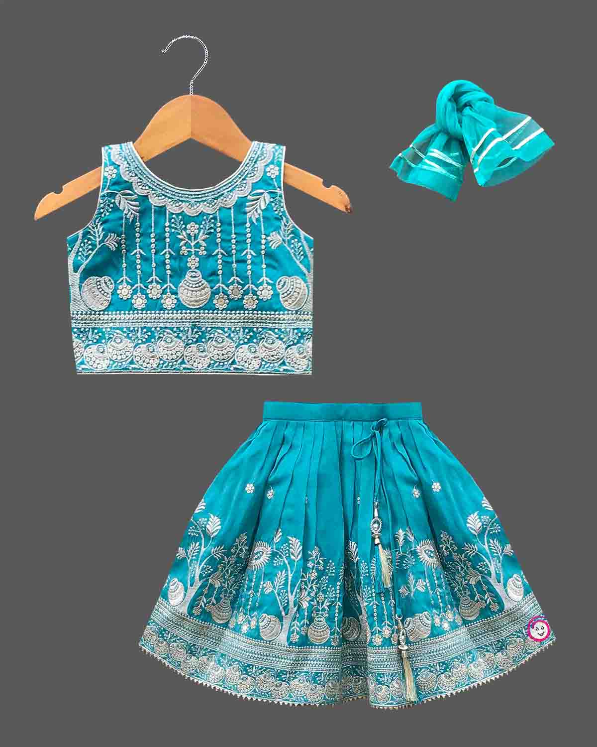 Toddler girls embroidered art silk sleeveless choli blouse flared lehenga skirt set with matching dupatta