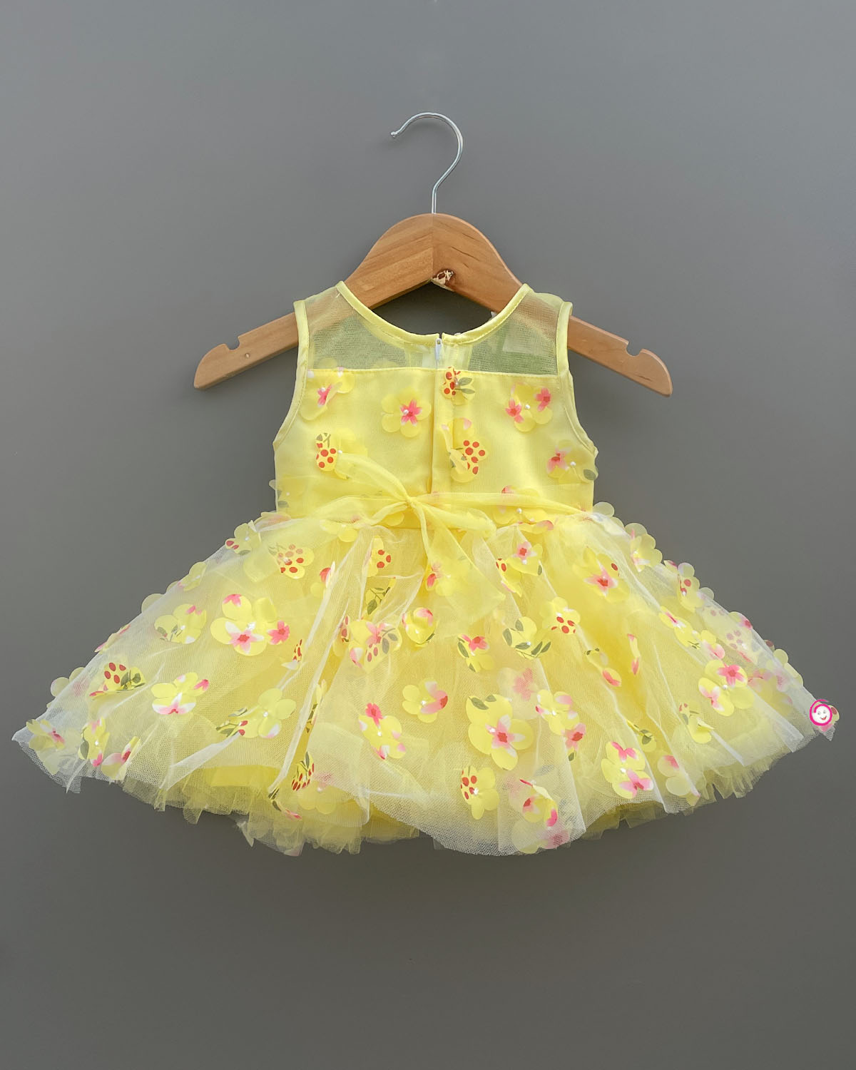Girls flower applique partywear frock - Light Yellow
