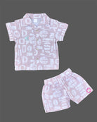 Mauve printed cotton button-down shirt with matching elasticated shorts baby boy top and shorts set for summer vacations, playdates, and park outings