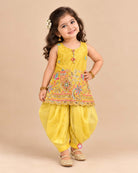 Kids dhoti kurta set for girls with mirror work embroidered sleeveless top and pleated organza dhoti pants