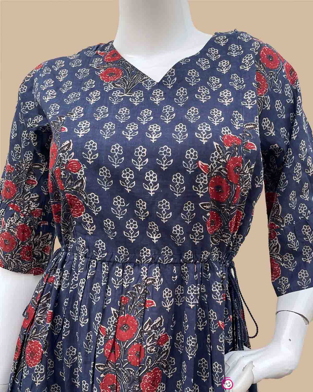 Maternity printed georgette flared dress featuring v-neckline and three-quarter bell sleeves