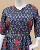 Maternity printed georgette flared dress featuring v-neckline and three-quarter bell sleeves