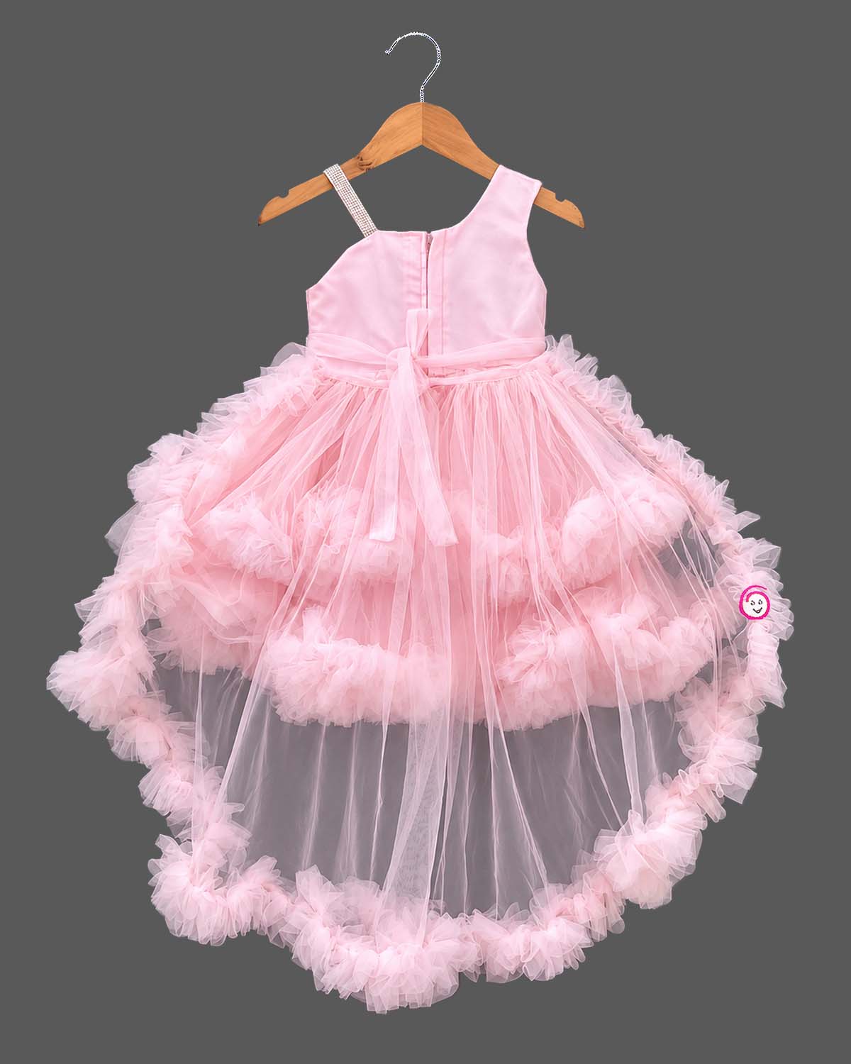 Sequin high-low tiered ruffle gown baby party wear dress featuring asymmetrical strap and front bow
