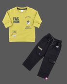 Long-sleeve graphic pullover sweatshirt and utility cargo trousers set designed as party wear for boys.