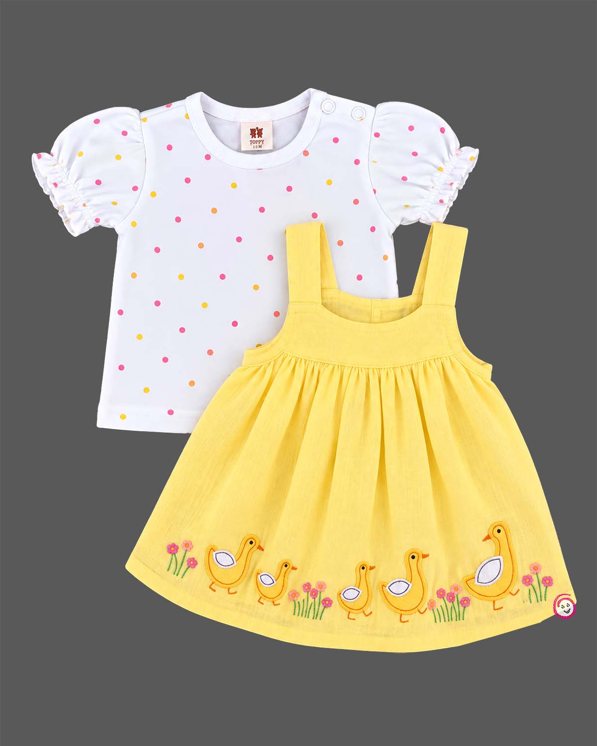 Infants frock set featuring a puff sleeve t-shirt and embroidered pinafore dress for girls.