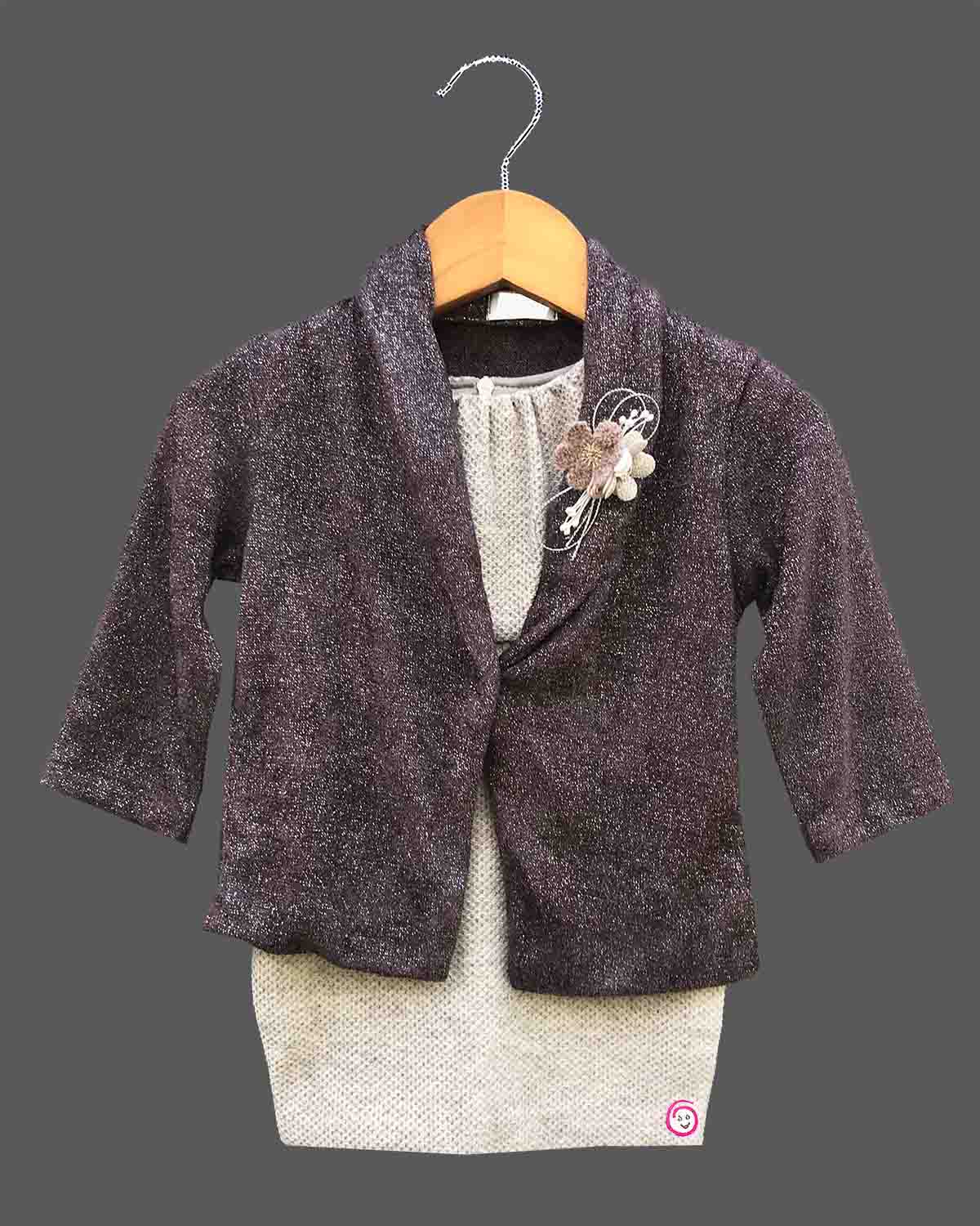 Baby girl shimmer jacket midi dress with floral brooch appliqué for birthday parties and festive celebrations.